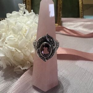 Vintage-Inspired Silver Ring with Purple Gemstone and Marcasite Accents